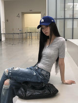 キーティング リブ ロールアップ スリムVネック 3/4スリーブTシャツ