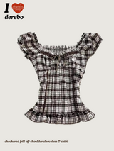 チェックフリルオフショルダースリーブレスTシャツ