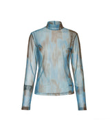 8287 Graffiti Logo Sheer Long Sleeve Turtleneck Top (Blue)