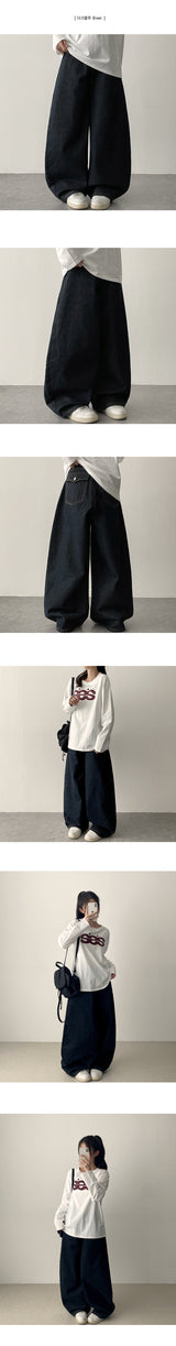 [Short & Basic Selection*] Ig バックポケットバルーンフィット 生地デニムワイドパンツ