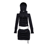 OFF SHOULDER HOODED LONG SLEEVE BLACK