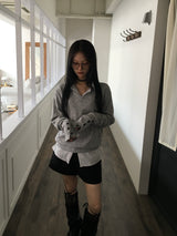 may sleeve button v-neck knit