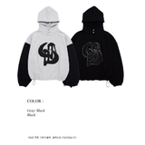 WASHED DENIM APPLIQUE SHORT HOODIE_TWO TONE GRAY/BLACK