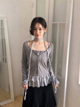 BNチェック フリル ビスチェ ＋ カーディガン ＋ タイ セット (3color)