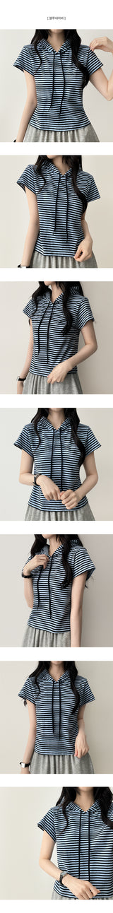 Linka Stripe Dangara Half Crop Short Sleeve Hoodie
