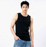 Ribbed Henley-Neck Sleeveless Top Black