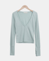 Poin Deep V-Neck Button-Sleeve Long-Sleeve T-Shirt