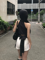 ニール ストライプ バックレス ホルター カラー シャツ