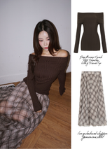 Deep Brown V-neck Off-Shoulder Long-Sleeved Top