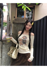 ドッグビーズレースオフショルダー長袖Tシャツ