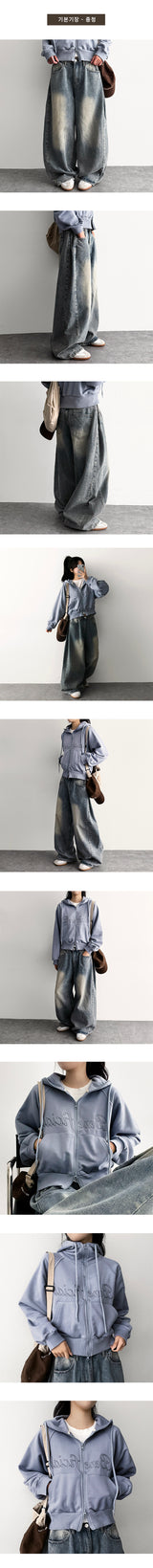 Ond side pintuck washing denim wide pants