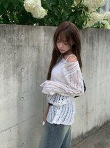 PT ダイアゴナルネットワンショルダーリップメッシュロングニット