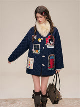 Kitsch look Embroidered Patch Quilted Duffle Coat
