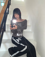Muang Stripe Printed One-Off Shoulder Long Sleeve T-Shirt