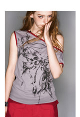 2025S/S New レッド&グレーカラーショルダープリントトップ
