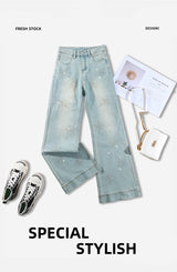 Light Wash Rhinestone Flare Jeans – Relaxed Wide Micro Flare Denim