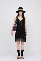 FRINGE-HEM KNIT V-NECK DRESS IN BLACK