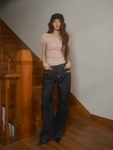 Meow Summer draping shrring Boat neck Top