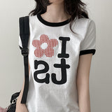 チェック フラワー クロップ リンガー ショートスリーブ Tシャツ (3 colors)