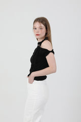 オフショルダーツイスト半袖Tシャツ Black