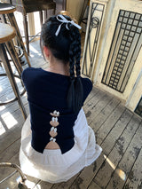 バックホワイトボウロングスリーブニットTシャツ