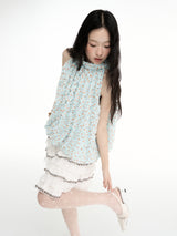 CONFUN dotted texture three-dimensional fabric folded collar ribbon sleeveless necked flower bud top