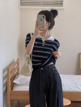 Border Collar Button Short Sleeve Knit (4color)