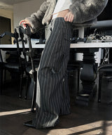 [Unisex] ストライプバックストラップワイドパンツ