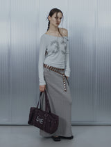 KNIT STUDDED LONG SKIRT / GRAY