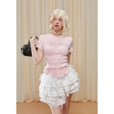 [GirlyFancyClub] Colorful Water Diamond Top for Women Summer Irregular Pleated Waist Short Sleeve T-Shirt