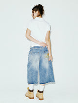 STRING CAPRI DENIM PANTS BLUE