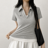 [Shirring T-shirt🤍] オープンカラー ポロ レイヤード 半袖 Tシャツ (5 colors)