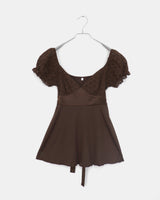 Kiaco Heart Neck Puffed Ribbon Punching Short-Sleeved Blouse
