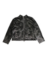 LEOPARD VELVET DOUBLE-HEAD COLOR-TOOTH ZIPPER SMUDGED SPRAY DISTRESSED TAILORED STAND COLLAR JACKET