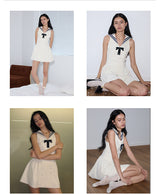 rirri 2025 Spring-Summer Sailor Collar Slim-Fit Bow Waist Dress