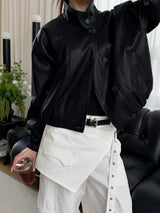 Soft high neck leather blouson jacket