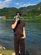 [A-T0185] ナナメヘンリーロールアップ半袖Tシャツ (4色)