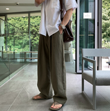 No-Mace Back Banding Two-Tuck Linen Wide Pants