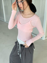 Double Layered Color V-Neck Long Sleeve T-Shirt
