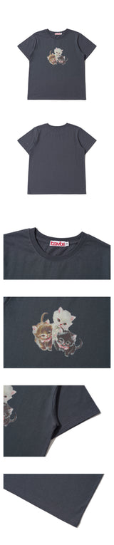 THREE BABY CATS SLIM T SHIRT - CHARCOAL