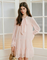 Roas Ribbon Tie Ruffled Shirring Mini Dress Pink