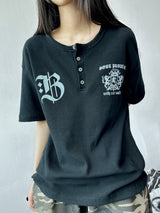 バーシュワッフルヘンリーネックレターグラフィックTシャツ 3カラー