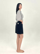  3RD REORDER HIP POCKET EMBROIDERY BLACK DENIM SHORTS LONG VERSION code 25106