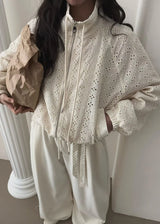 Embroidered Lace Cropped Hooded Windbreaker Jacket