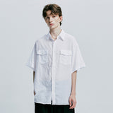 [bandana necklace set] washed check linen 2 pocket half shirt white