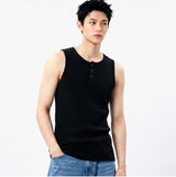 Ribbed Henley-Neck Sleeveless Top Black