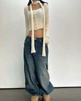 (SCARF & KNIT SET) DREAMY SOFT RIBBED CARDIGAN SCARF SEMI-CROPPED KNIT - 2 COLOR