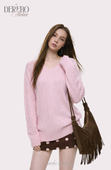 Baby Pink Twisted V-neck Loose Fit Knitwear