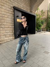 diamond bow wide denim pants