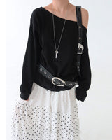 Buckle backless off-shoulder sweatshirt